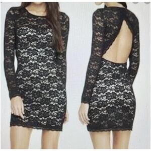 Express Dress Small Black Lace Open-Back Mini Bodycon Long Sleeve Women's Fitted